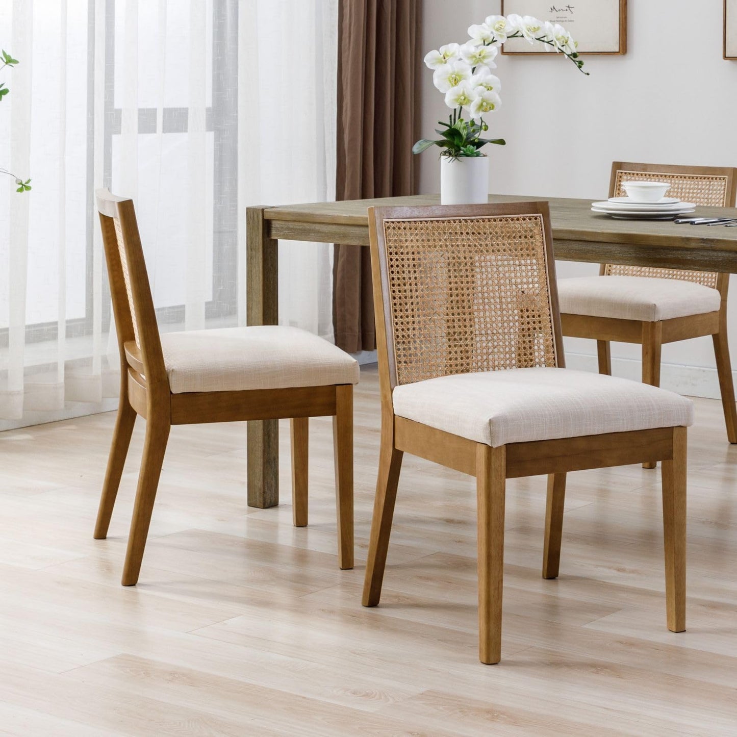 DAYALANE Rattan Dining Chairs Set of 2, Farmhouse Linen Dining Room Chairs Kitchen Chairs with Cane Back, Upholstered Rattan Chairs Comfy Side Wood Chair for Living Room/Restaurant, Natural Cream