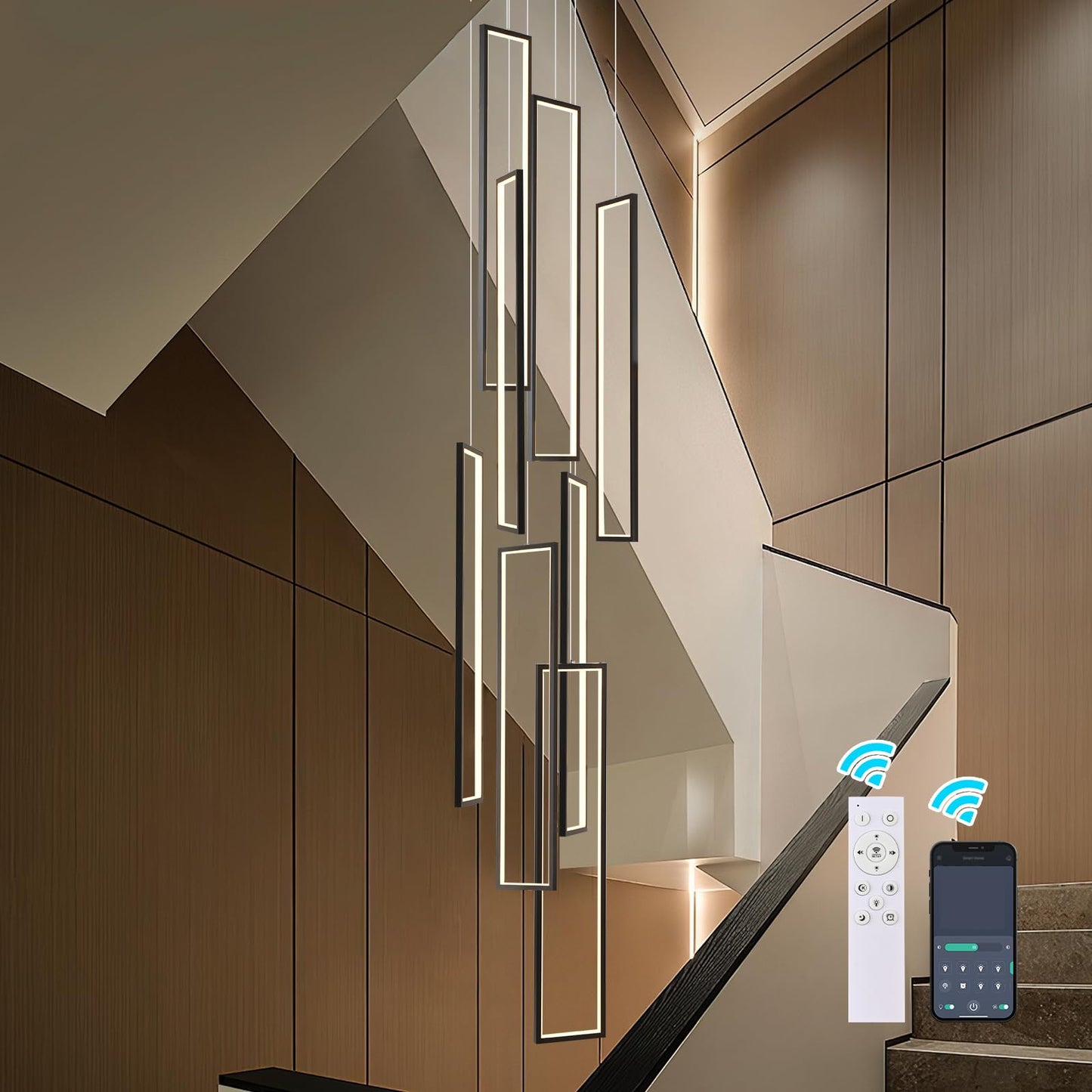 GEADI Foyer Chandelier for High Ceilings, 8-Light Modern Dimmable LED High Ceiling Pendant Light Fixture with Remote Control, Black Large Chandelier for Entryway, 3000-6500K