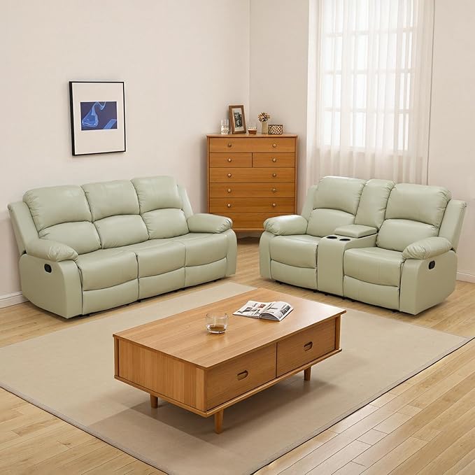 JBXBER Manual Recliner Sofa Set for Living Room, Leather Reclining Sofa Sets, Faux Leather Couch Set with Cup Holders, Drop-Down Table and Storage Console(Sofa and Loveseat,Beige)