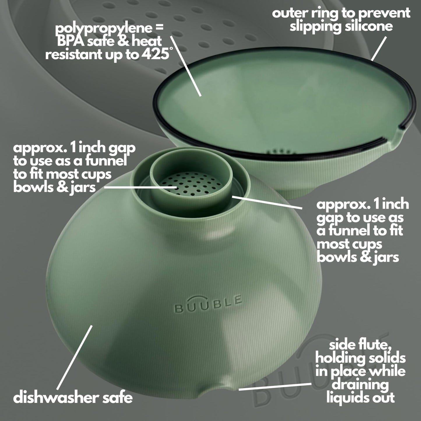 BUUBLE Ultimate Grease Drainer & Food Strainer (SAGE) Premium Heat-Resistant Colander for Bacon, Ground Beef, Pasta & Veggies; Fits Pans, Cans & Jars; Dishwasher Safe