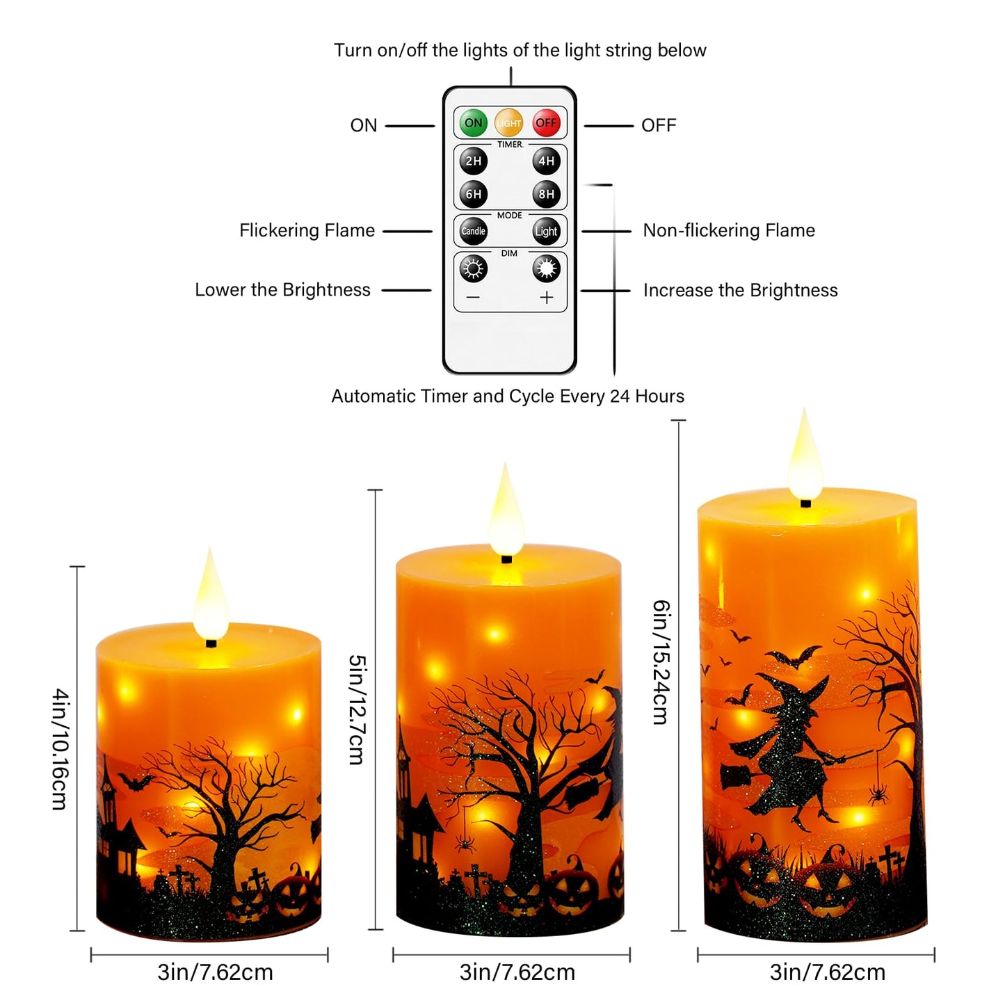 Sasigeiaa Halloween Flameless Candles with Remote - Orange LED Candles & String Lights, Battery Operated Set of 3 (D3 x H4/5"/6") for Window Decor, Halloween Decoration,Living Room Decoration