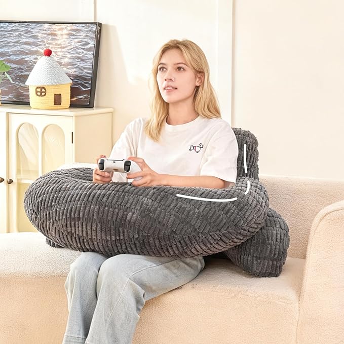 PAJEO Back Pillow for Bed Sitting Up,U Shaped & Back Support Pillow for Bed,19" Backrest with Lumbar & Arm Support,Comfy Corduroy Fabric,Lap Pillow for Gaming/Reading/Watching TV,Gray