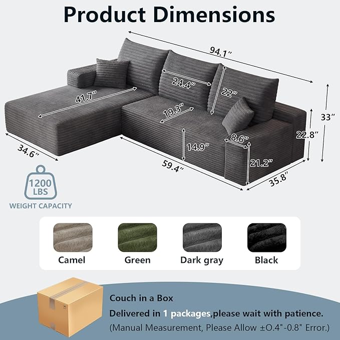 95" Cloud Sectional Couch with L-Shape Chaise, Modern Corduroy Boneless Couch for Living Room,Memory Foam Sofa with Deep Seat,No Assembly Required (Dark Gray,Left-Facing Chaise)