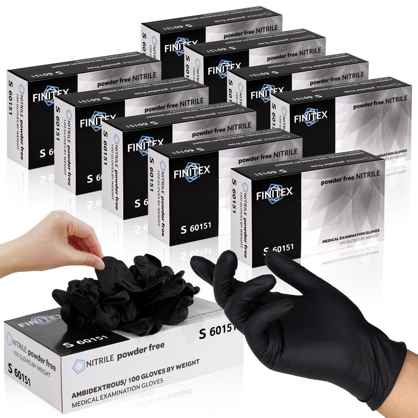 FINITEX - Black Nitrile Disposable Gloves, Exam Gloves, Powder-free, Latex-free, 3mil, 1000PCS (Medium)