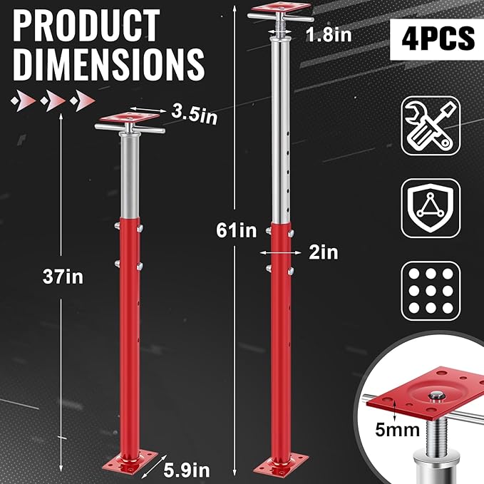 Yaocom 2 Pcs Adjustable Jack Post, 37"-61" Height Range, Basement Floor House Screw Jacks for Lifting Joist Beam Brace for Cellar Ceiling, Center Point Load Capacity 11023 Lbs, Red