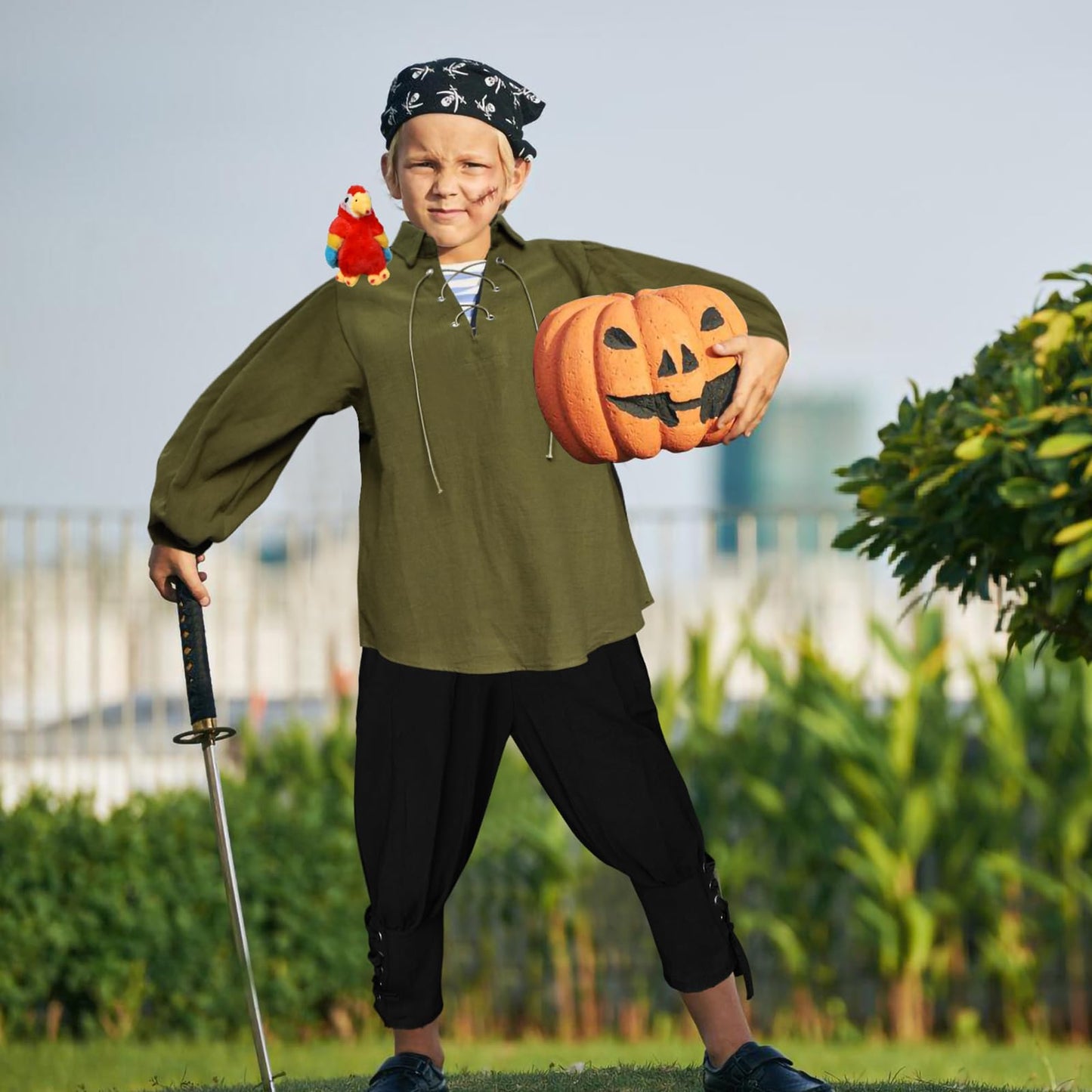Prebene Boys Medieval Pirate Set Shirt & Ankle Pants Kids Renaissance Halloween Costume Scottish Jacobite Tops and Trousers (Green+Black, 6-8T)