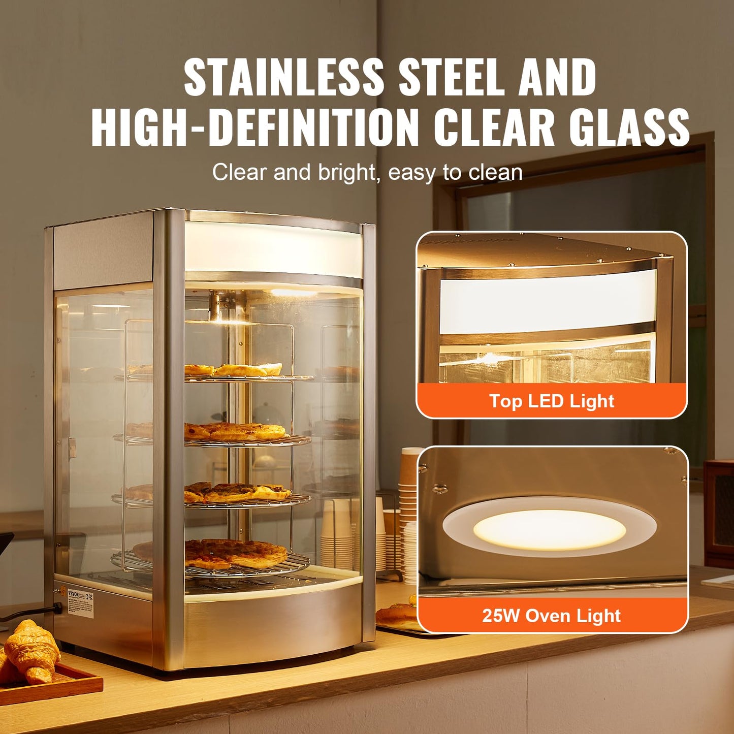 VEVOR Commercial Food Warmer Display for 14" Pizza, 4-Tier Pizza Warmer with Rotary Steam Heating, 86℉~185℉ Temperature Control and Temp Display, 25W Oven Light + Top LED for Pizza Shop, Restaurant