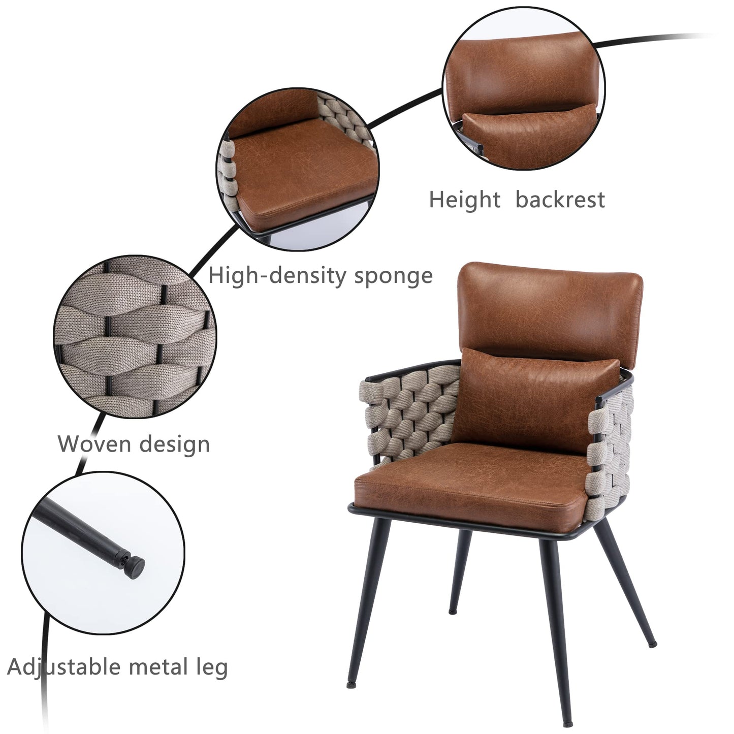 BFZ Dining Chairs Set of 2, Mid-Century Modern Dining Chairs with Metal Legs, Faux Leather Woven Kitchen Chairs for Kitchen, Living Room