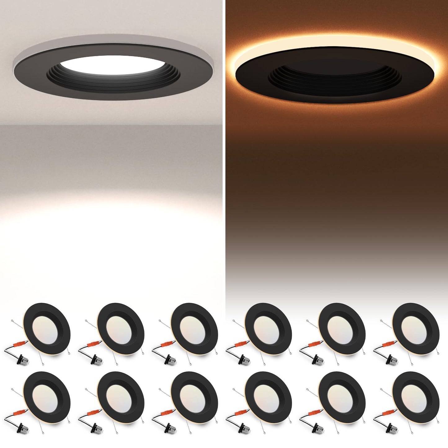 POWERASIA 12 Pack Black 5/6 Inch LED Can Lights with Night Light, 5CCT Retrofit Recessed Lighting Selectable 2700K-6000K Dimmable, 12W=75W, 1200LM Downlight with Metal Smooth Trim-ETL and Energy Star