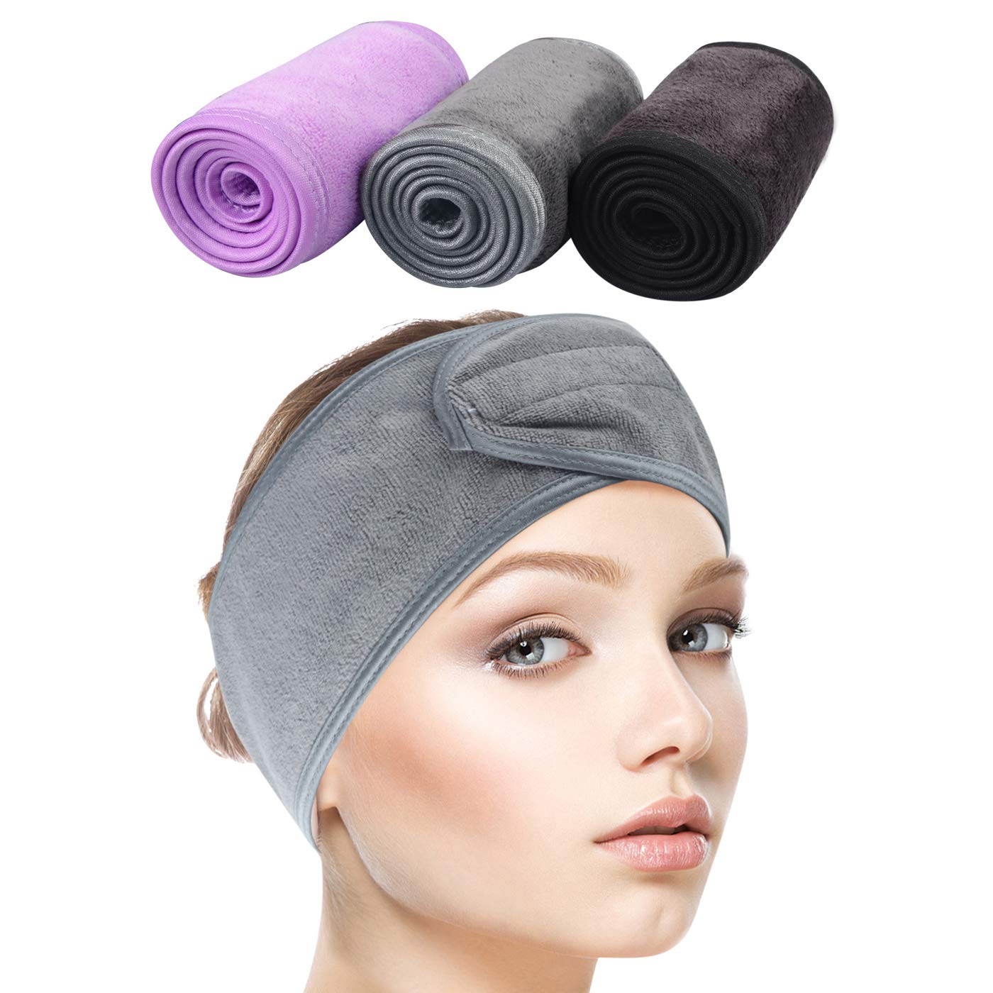 SINLAND Headband for Women Ultra Soft Adjustable Makeup Hair Band with Magic Tape, Stretch Head Wrap for Bath, Shower, Facial Ma