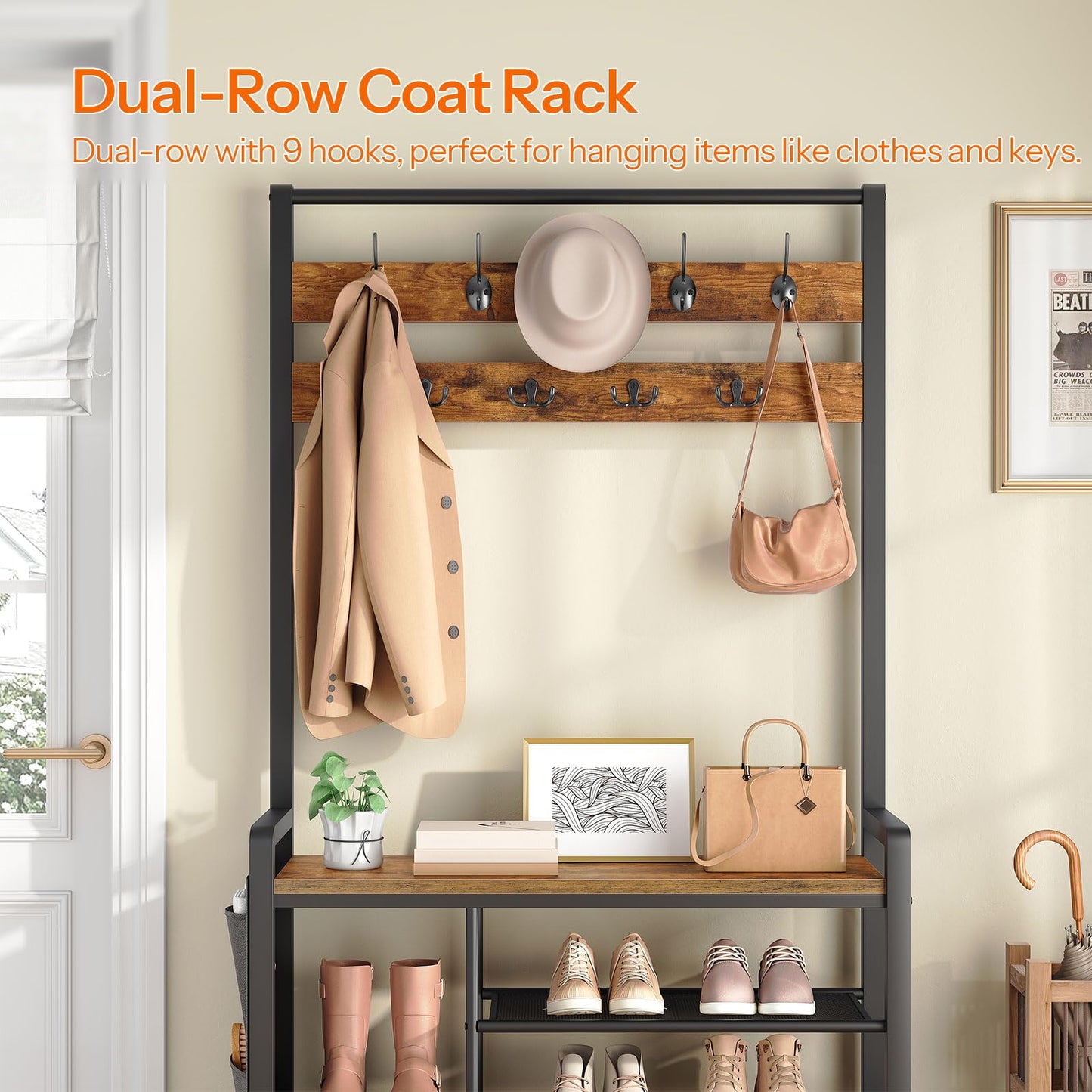 HOOBRO Hall Tree with Bench, Shoe Rack with Coat Rack, 39.4" Coat Rack with Shoe Storage, 5 Tier Shoe Storage Organizer, Oxford Fabric Side Pockets, Coat and Shoe Rack Entryway, Rustic Brown BF46MT01