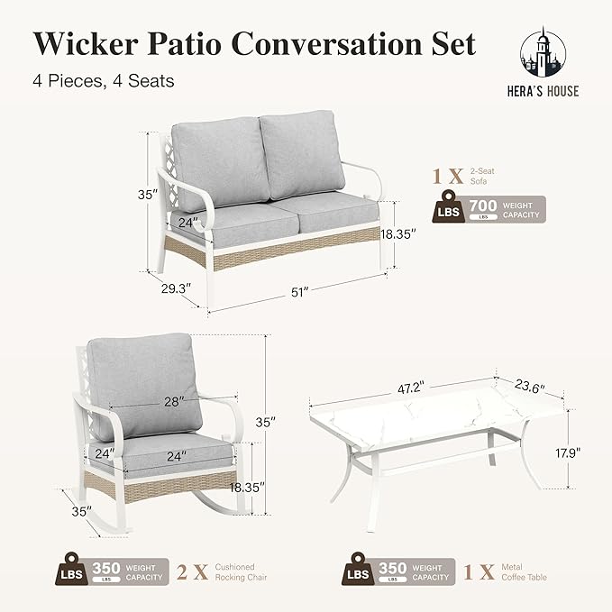 HERA'S HOUSE 4-Piece Patio Furniture Set with Metal & Rattan Design, 2 Rocking Chairs, 2-Seat Lover Sofa & Marble Coffee Table, All-Weather Outdoor Conversation Set for Garden Backyard, Grey