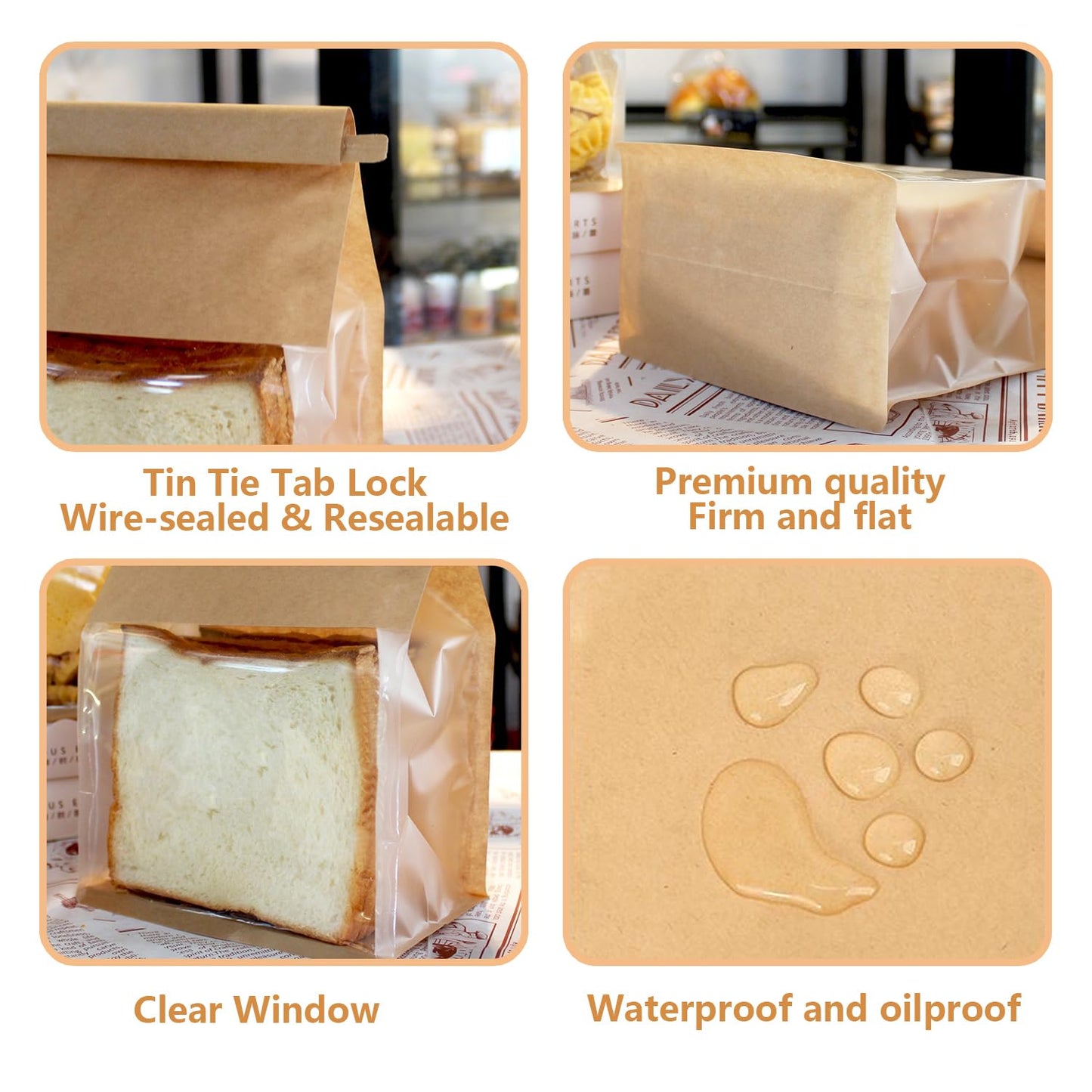 50 PCS Bread Bags for Homemade Breads, 11x5.1x3.9 Inch Resealable Cookie Bags with Tin Tie Tab Lock, Paper Bakery Bag with Window for Packaging Bagels, Muffin, Scone, Brownie, Baked Goods Storage