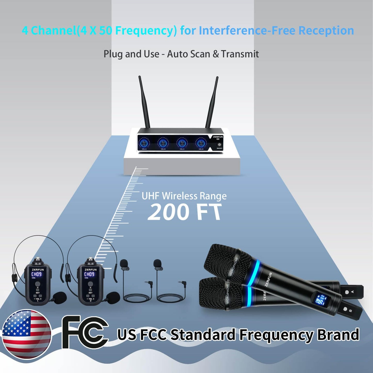 ZERFUN Rechargeable Wireless Microphone System 4 Channel Pro, UHF Metal Handheld Headset Lavalier Lapel Mics Cordless for Church Karaoke Singing with Volume Control, 4x50 Frequency(G8)