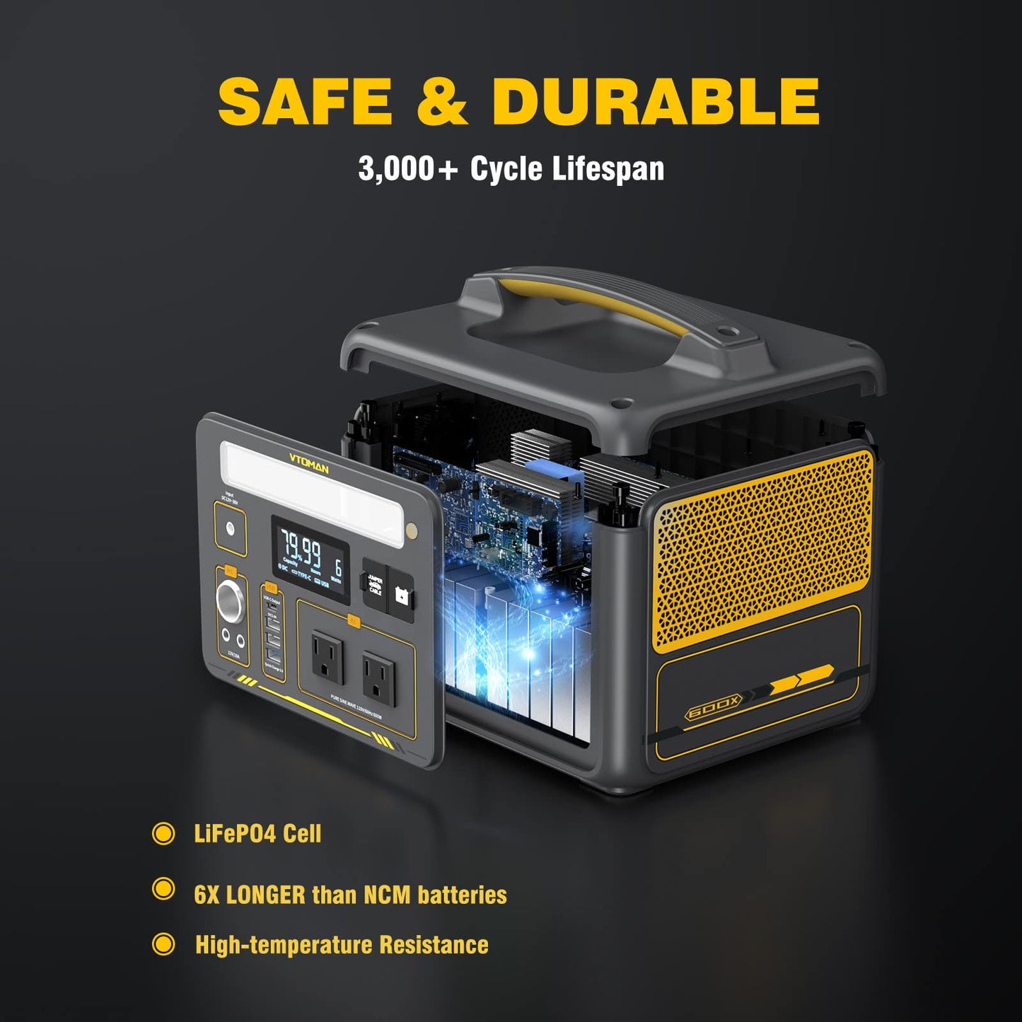 VTOMAN Jump 600X Portable Power Station 600W, 299Wh Solar Generator LiFePO4 Battery Power Station with Jump Start for Car, 1200W AC Outlet, PD 60W USB-C, 3x Regulated 12V/10A DC for Camping, RV Travel