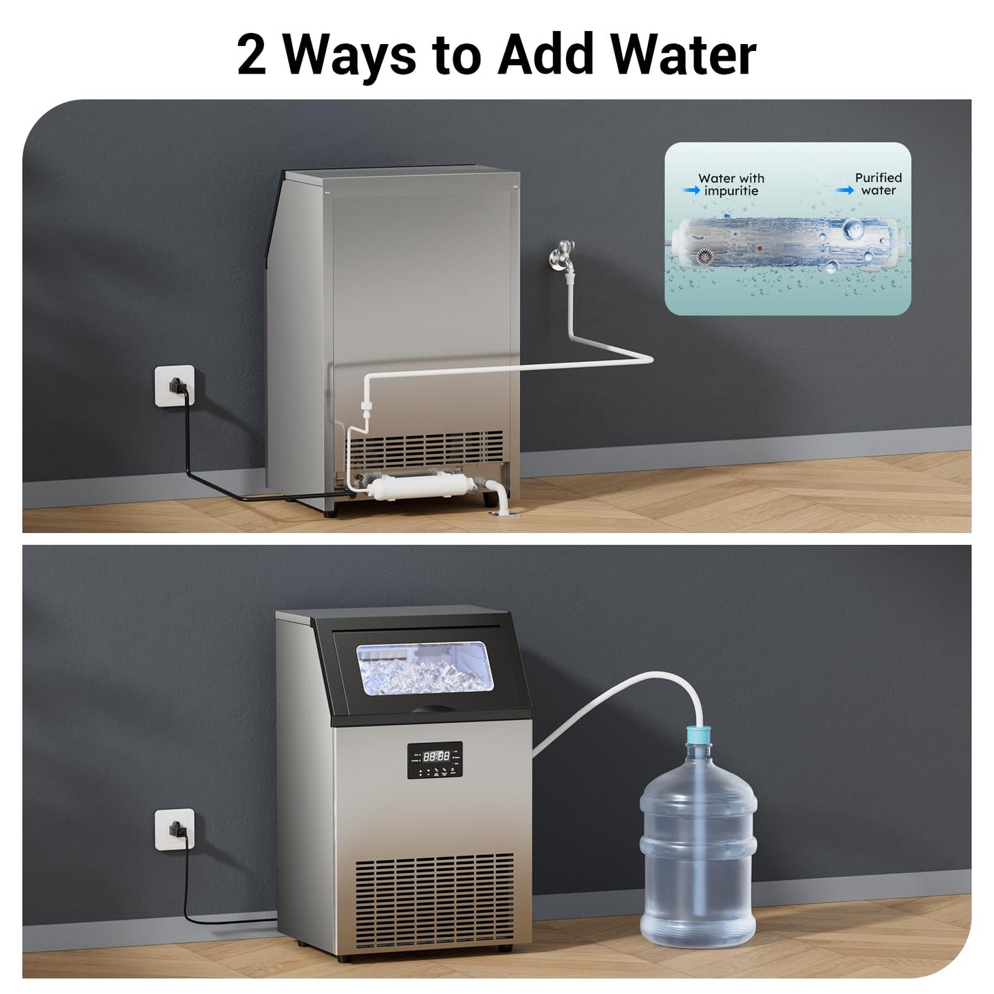 ETL Approval Commercial Ice Maker Machine 150 Lbs/24H Stainless Steel, with 50Lbs Storage Bin, Under Counter or Freestanding Ice Maker, 45 Ice Cubes in 8-15 Minutes for Home & Commercial