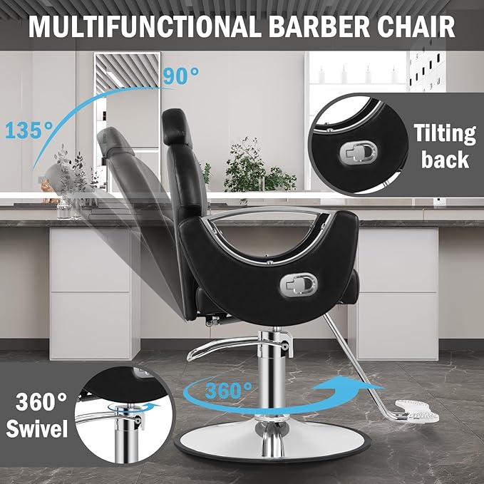 Salon Chair for Hair Stylist, Reclining Barber Salon Chair with Heavy Duty Hydraulic Pump, 360 Swivel Styling Braiding Hairdresser Chairs for Home Barbershop, Black Sliver
