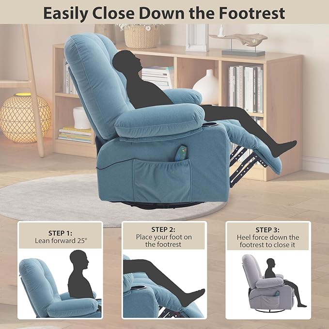 KCREAM Rocker Recliner Chair with Massage & Heat, 360° Swivel Glider Recliner with Cup Holder, Overstuffed Soft Fabric Recliner for Living Room Nursery RV, Blue