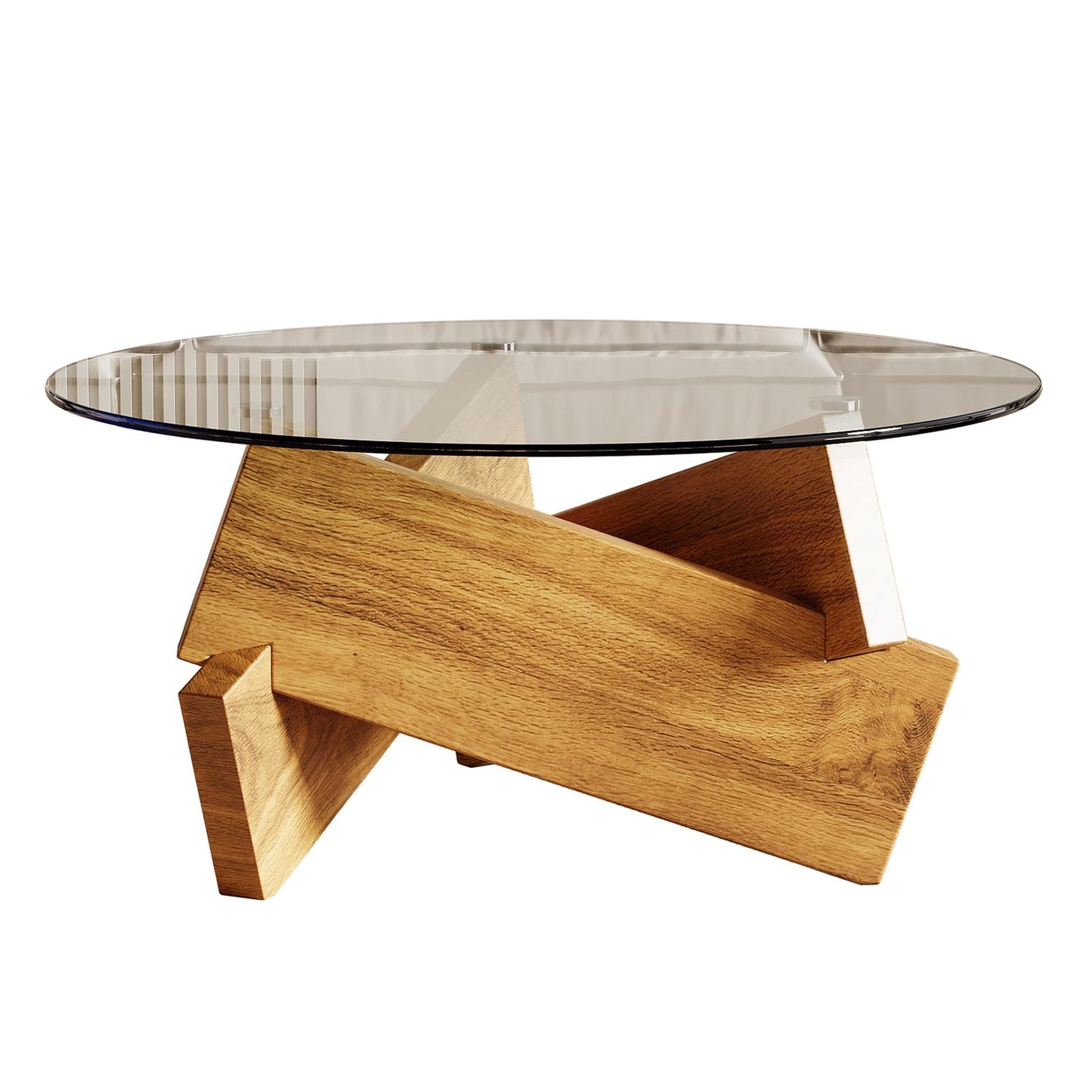 Honyee Morden Rounded Coffee Table, 30.7" x 30.7" x 16.1" Tempered Glass Top for Living Room, Color: Natural Wood