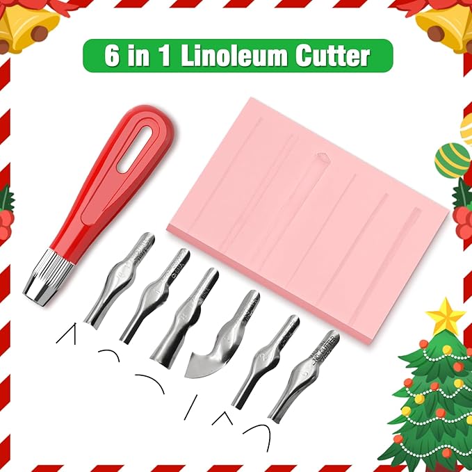 WAYCOM 5-Pack Linoleum Blocks for Printmaking with Cutter Tools, Rubber Block Stamp Carving Blocks Stamp Making Kit Craft Ink Pad Hobby Knife for DIY Printmaking,Printing and More