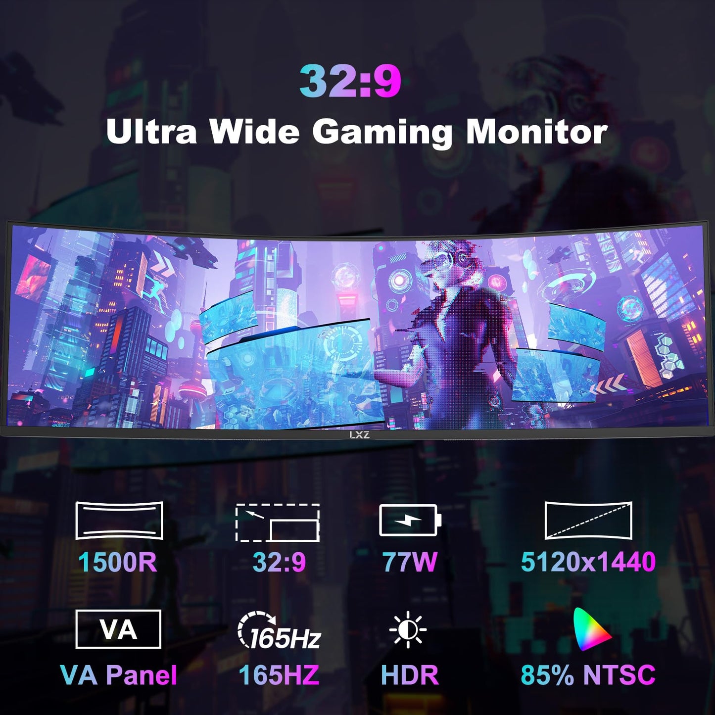 LXZ 49.5" Curved Gaming Monitor, 5120x1440 DQHD Ultrawide 32:9, 165Hz, 1ms MPRT, AMD FreeSync Premium, Height/Pivot/Swivel Adjustable, HDMI 2.1 & DP 1.4, VESA 75×75mm Mount Compatible