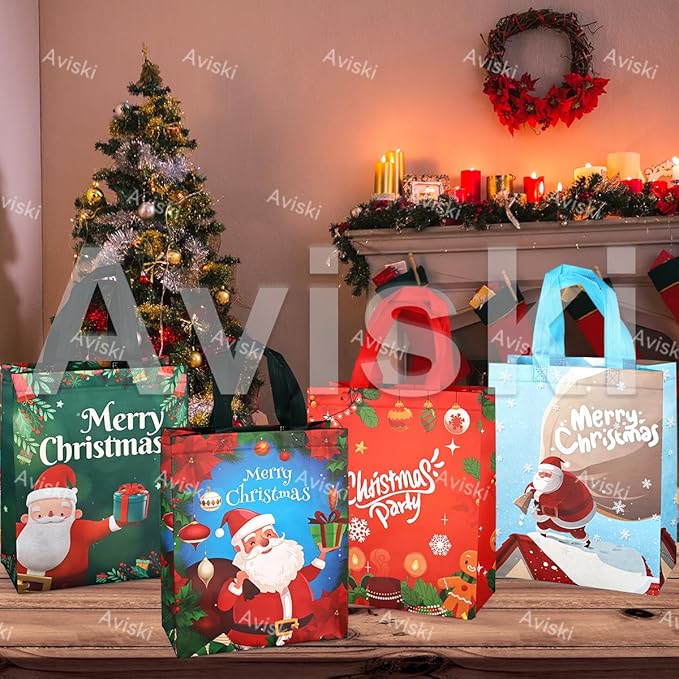 4PCS Christmas Gift Bags, Multifunctional Treat Non woven Christmas Bags with Handles for Gifts Wrapping Shopping, Xmas Party Supplies