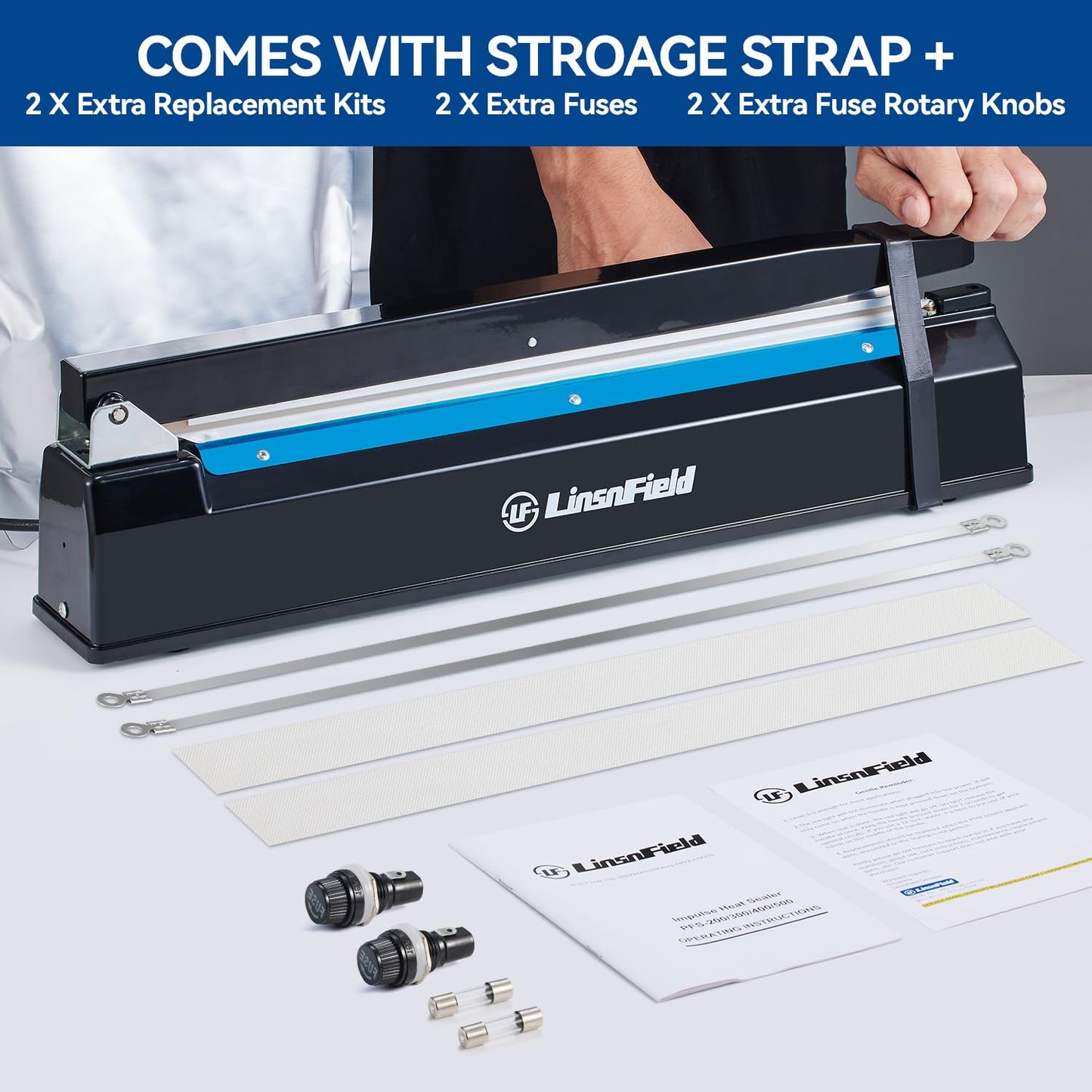 LinsnField Sealer Pro, Patented 12inch Impulse Heat Bag Sealer, 7mm Sealing Width Poly Bag Seal Machine, 2 Replacement Kits 1 Extra Fuse Included, Black
