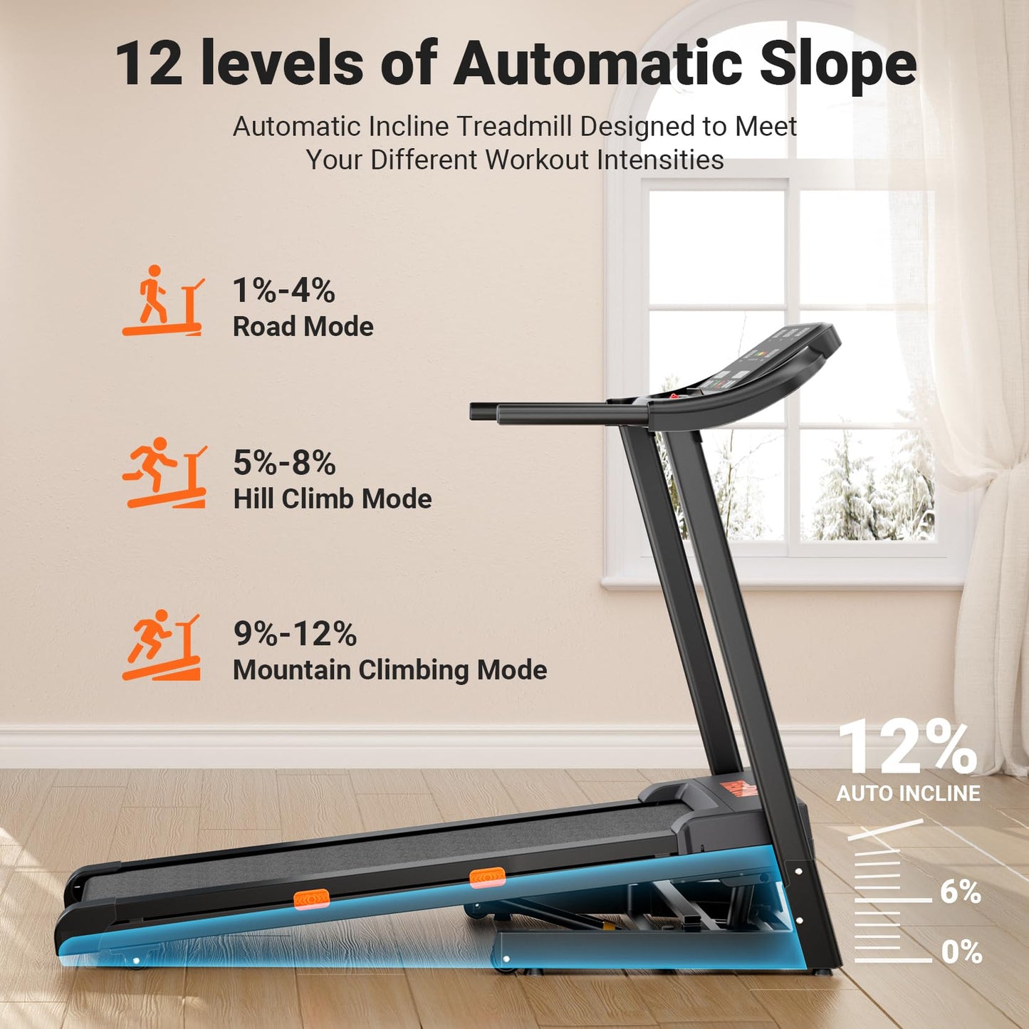THERUN Incline Treadmill, 0-12% Auto Incline Treadmill for Running and Walking, 300 lbs Weight Capacity, Wide Belt,3.0HP,18" LED Screen, 2 Layers Shock-Absorbing, Orange Black