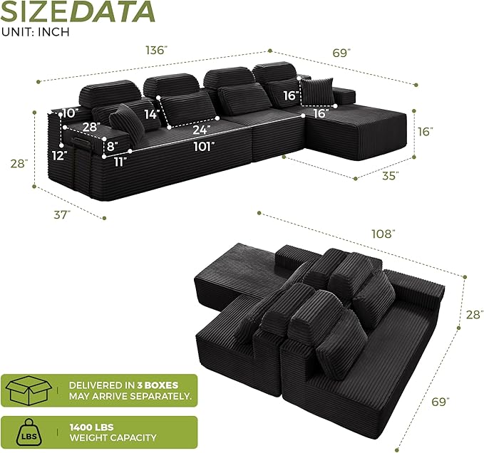136" L-Shaped Cloud Modular Sectional Sofa with Chaise & Headrest, Boneless Deep Seat Plush Corduroy Couches for Large Living Room, No Assembly Required (Black, 136" L-shapred Chaise)