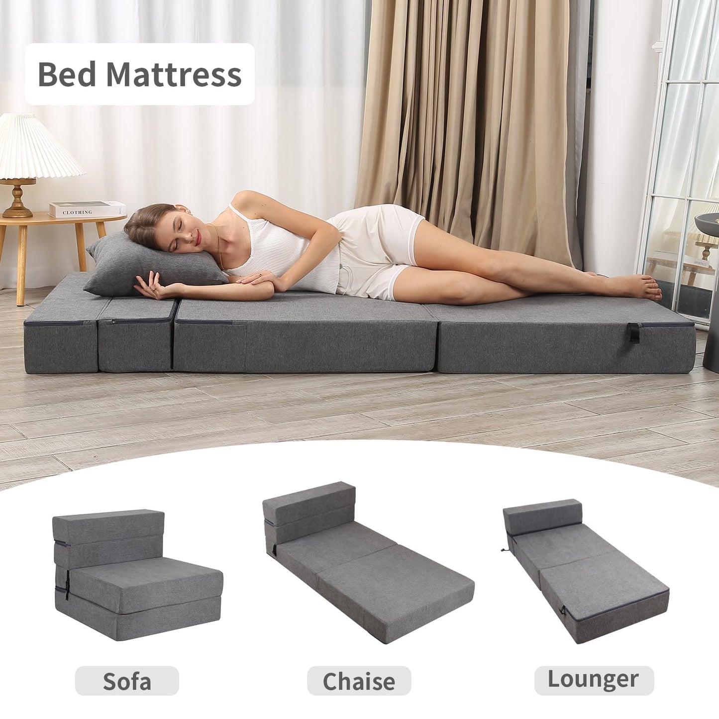 LOVMOC Futon Sofa Bed With High-Density Memory Foam and Fluffy Pillow, Folding Floor Couch Guest Bed, Single Size, Dark Grey