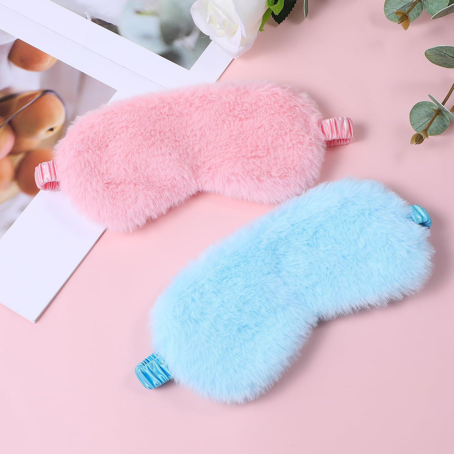 2 Pcs Plush Eye Mask Soft Sleeping Blindfold Eye Cover Comfortable Furry Faux Fur Sleeping Mask Satin Nap Night Eyeshade Cover for Women Men Gift (Blue, Pink)
