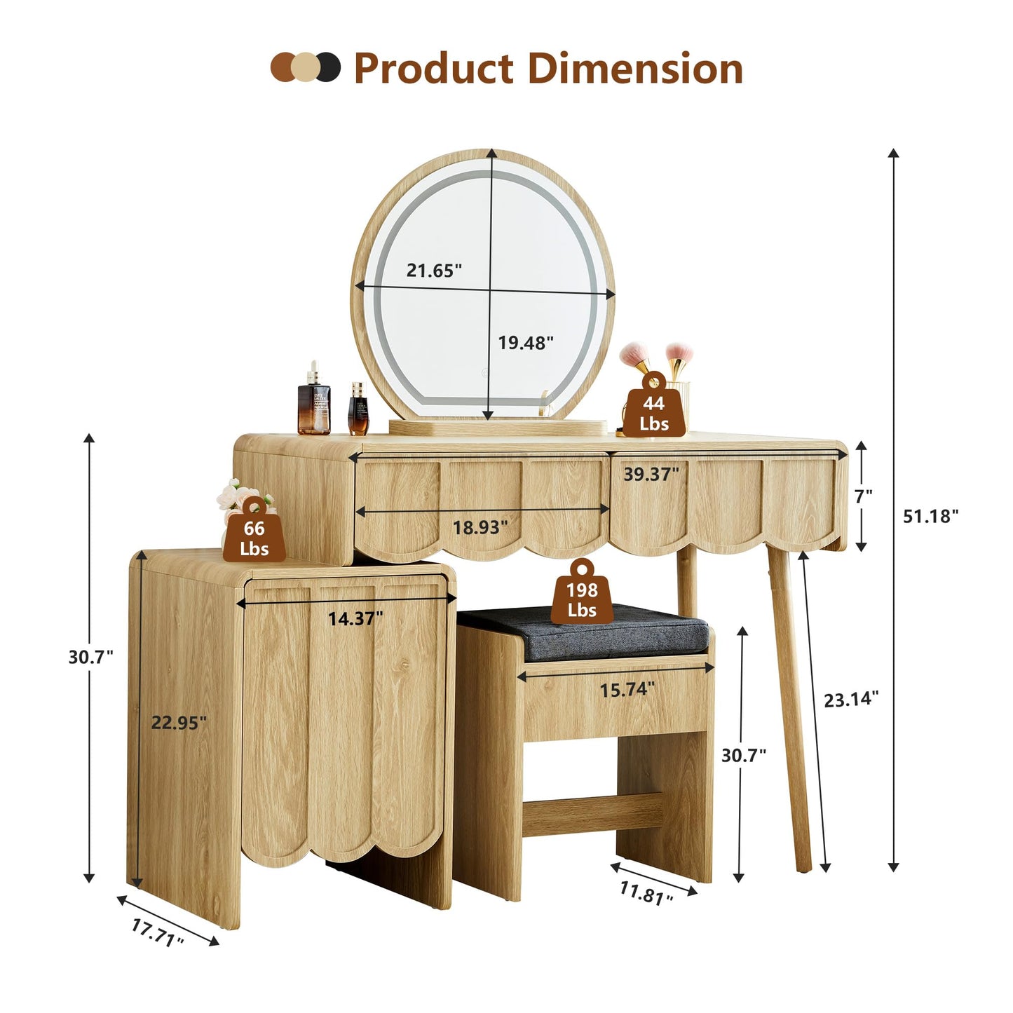 ORRD Vanity Desk with Mirror and Lights, Modern Wood Wave Panel Vanity Desk Set Makeup Table with Drawers and Cabinet, Dressing Table with Storage for Bedroom, Natural
