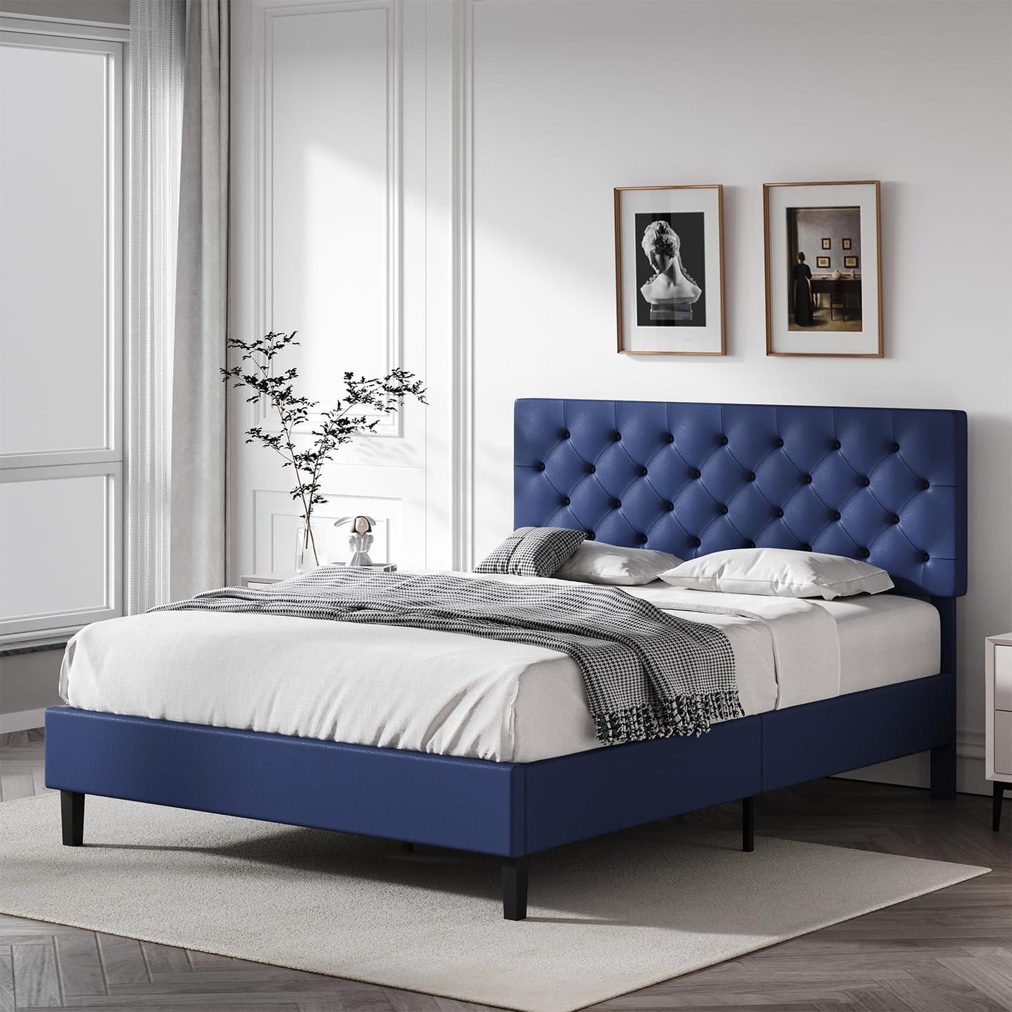 REVOMINCA Upholstered Queen Size Bed Frame with Headboard, Platform Bed with Button Tufted Desigh, No Box Spring Required, Easy Assembly, Navy Blue
