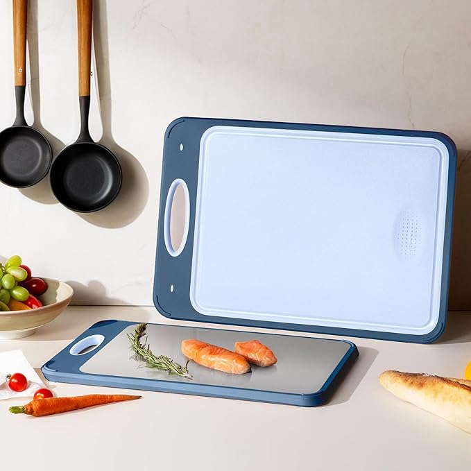 2 in 1 Stainless Steel Cutting Board with Handle 2 Packs Double Sided Cutting Board Stainless Steel Chopping Board Extra Large Big Small Best Hardwood Kitchen Counter Organic Vegetable Meat BBQ Kit