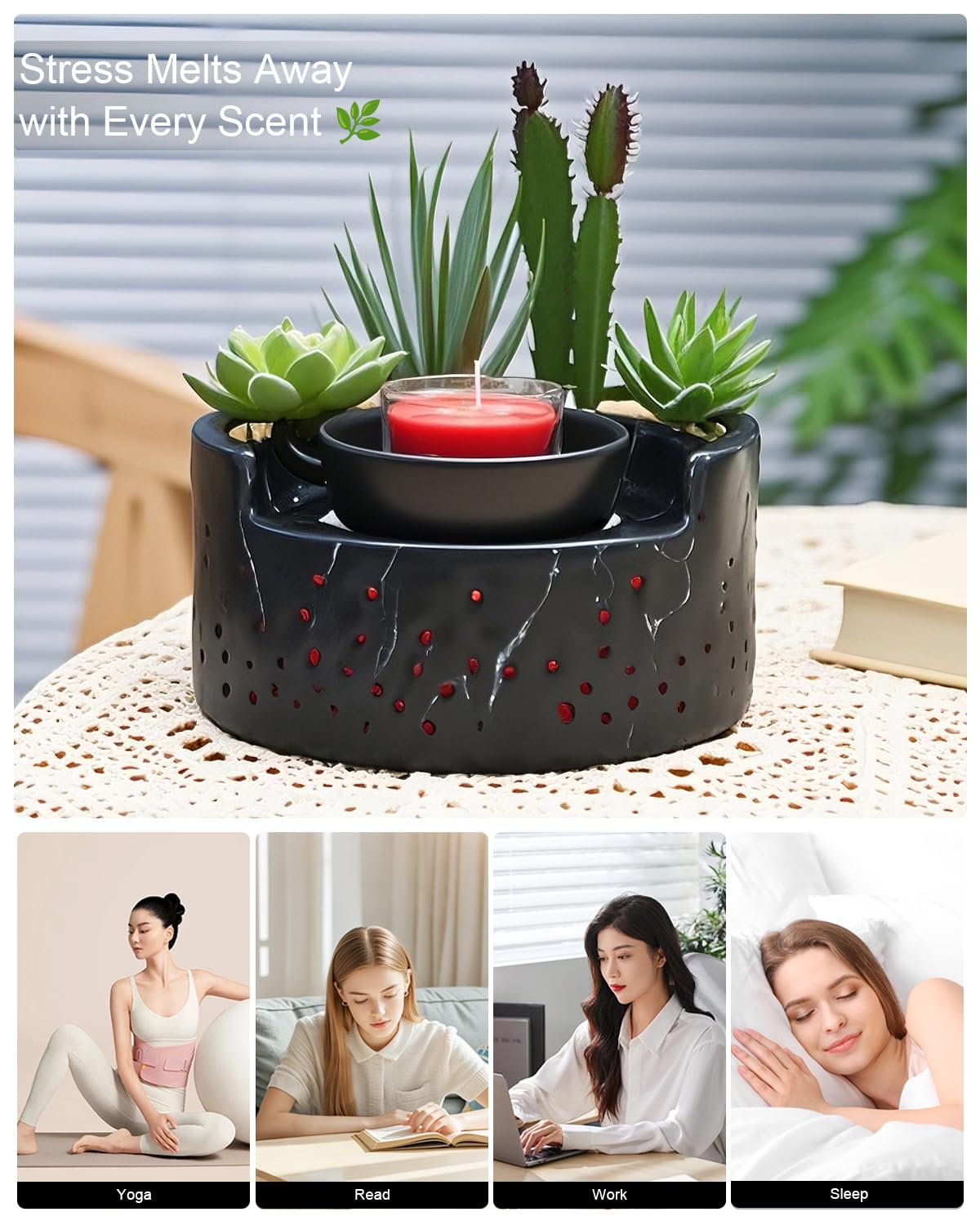 waxarapy Ceramic Wax Melt Warmer 4-in-1, Flameless PTC Heating with 7-Colors LED Changing Light, Electric Essential Oil Diffuser, Yoga Room/Home Decor Wax Melter Black Succulent Design