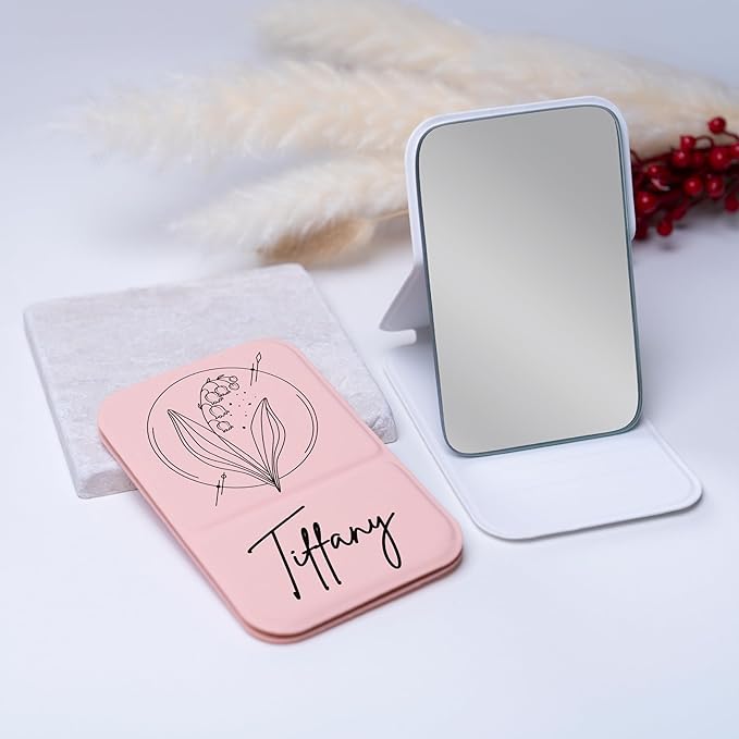 Personalized Birth Flower Month Travel Makeup Mirror for Women | Black Birth Flower and Name UV Painting |Custom Small Portable Travel Pocket Mirror Birthday Gifts for Women, Mom, Girl