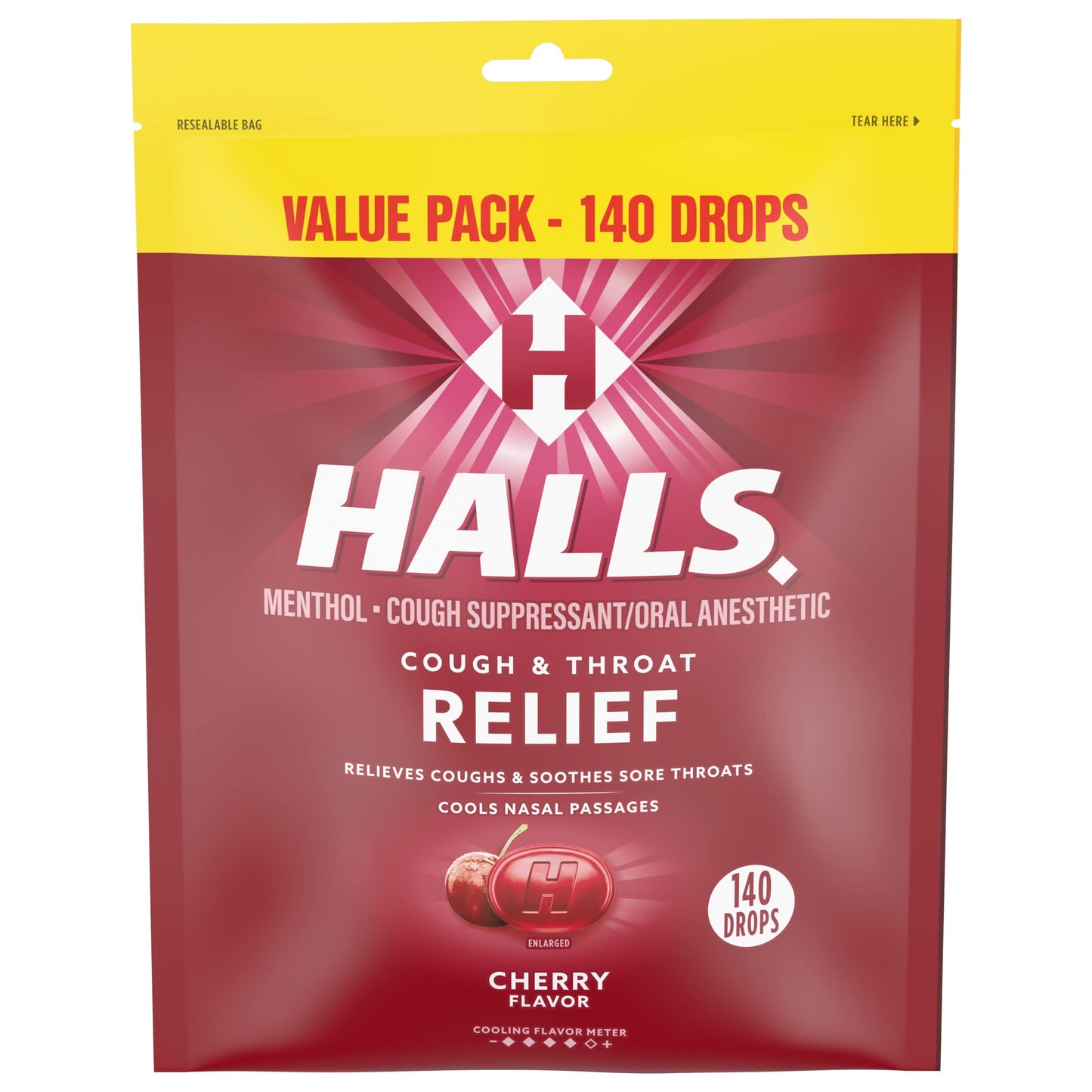 Halls Relief Cherry Cough Drops, Value Pack, 140 Drops (Pack of 2)