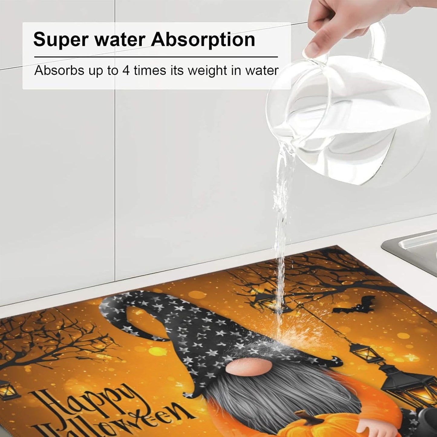 Dish Drying Mat Pumpkin Gnome Halloween Night for Kitchen Counter Absorbent 16x18 Inch Microfiber Dishes Plate Glass Dry Draining Pad Reversible Washable