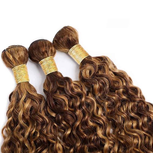 Dokksiiia Piano Color P4/27 Highlight Curly Wave Bundles Chocolate Brown and Honey Blonde Track Mix Curly Weave Bundles Double Weft Brazilian Human Hair Extensions 16 18 20 Inch