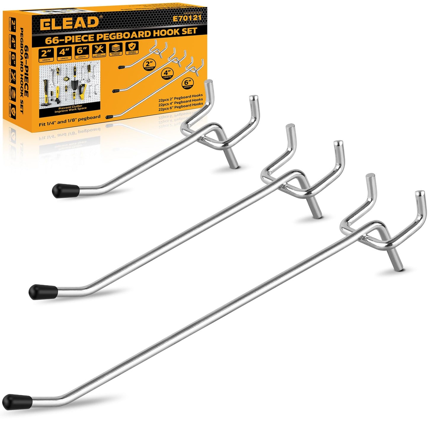 ELEAD 66-Piece 2/4/6 Inch Pegboard Hooks, Heavy Duty Peg Board Organizer Accessories, Peg Board Tool Hangers Fit for 1/4" and 1/8" Pegboard Hanging Tools Garage, Workshop, and Craft Storage