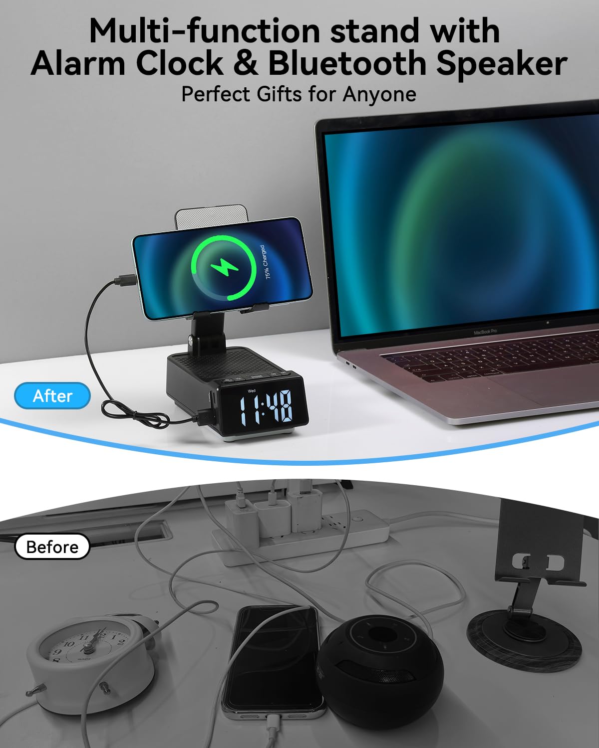 Bfushiony Cell Phone Stand With Wireless Bluetooth Speaker & Alarm Clock - Birthday Gifts For Men Women, 5 In 1 Phone Holder Wit