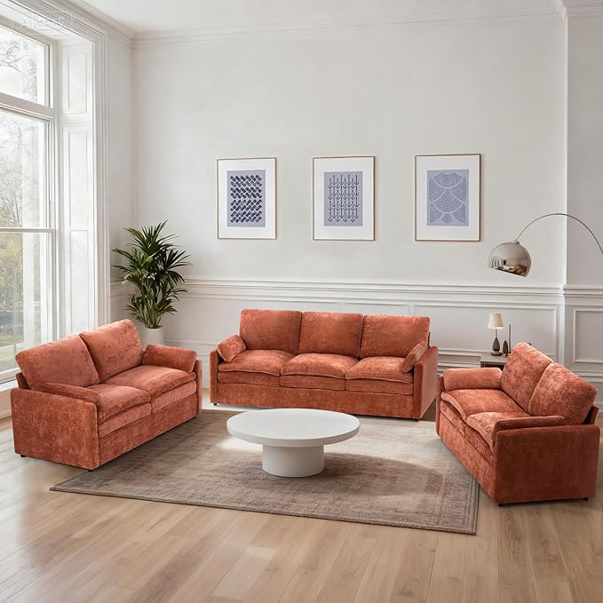 ACMEASE 3 Pieces Chenille Sofa Set w/Arm Pillows, Upholstered 2 Pieces Loveseat & 3 Seater Sofa w/Comfortable Back Cushions, Modern 2-Seat & 3-Seat w/High-Density Foam for Living Room, Orange