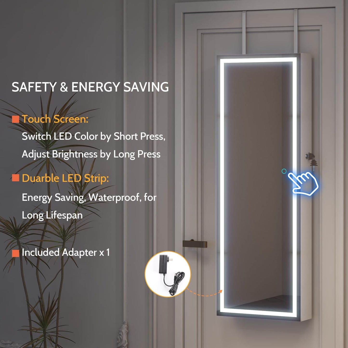 LVSOMT LED Mirror Jewelry Cabinet Door Hanging, Wall Mounted Jewelry Mirror Organizer Full Length, Lockable Jewelry Armoire, Large Capacity, for Small Space Bedroom, Gift for Women, White