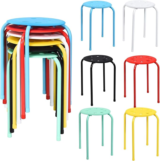 POWERSTONE Stackable Stools Set of 6, 17.5in Portable Stacking Bar Stool Colorful Classroom Stools with Iron Legs Round Nesting Chairs Flexible Seating for Home Office School