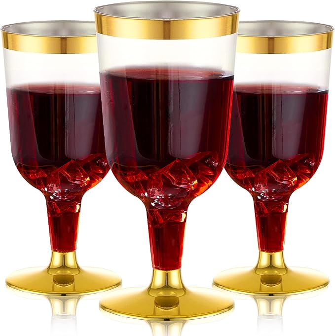 N9R 30PCS Plastic Wine Glasses with Gold Rim, 6 Oz Plastic Wine glasses with Stem, Disposable Wine Cups Reusable Suitable ...