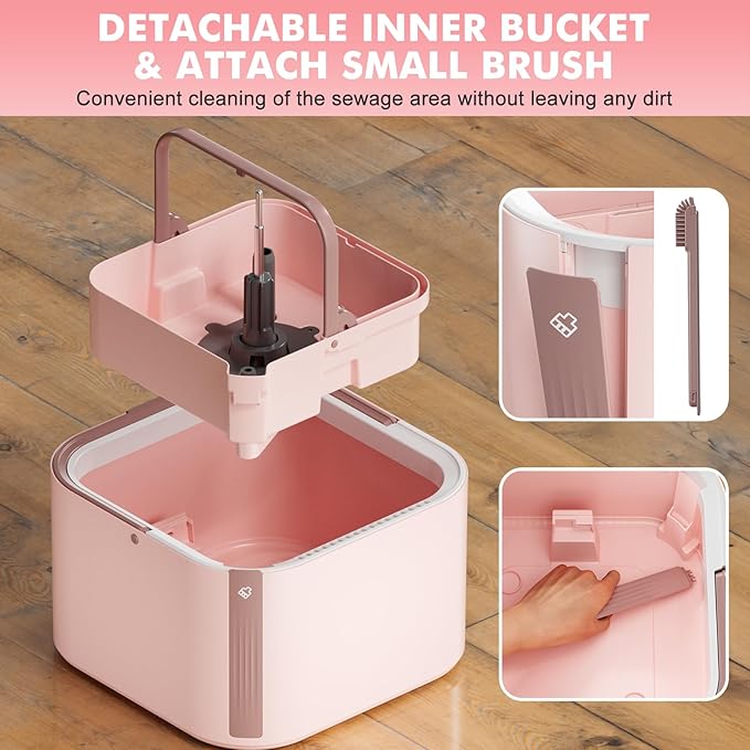 Upgraded Self-Standing Spin Mop and Bucket System, Detachable Inner Mop Bucket Separates Dirty Water & 90° Foldable Head, Triple-Scrub System, 0.9Gal Dual Drainage, for Hardwood Floors (Pink 6 Pads)
