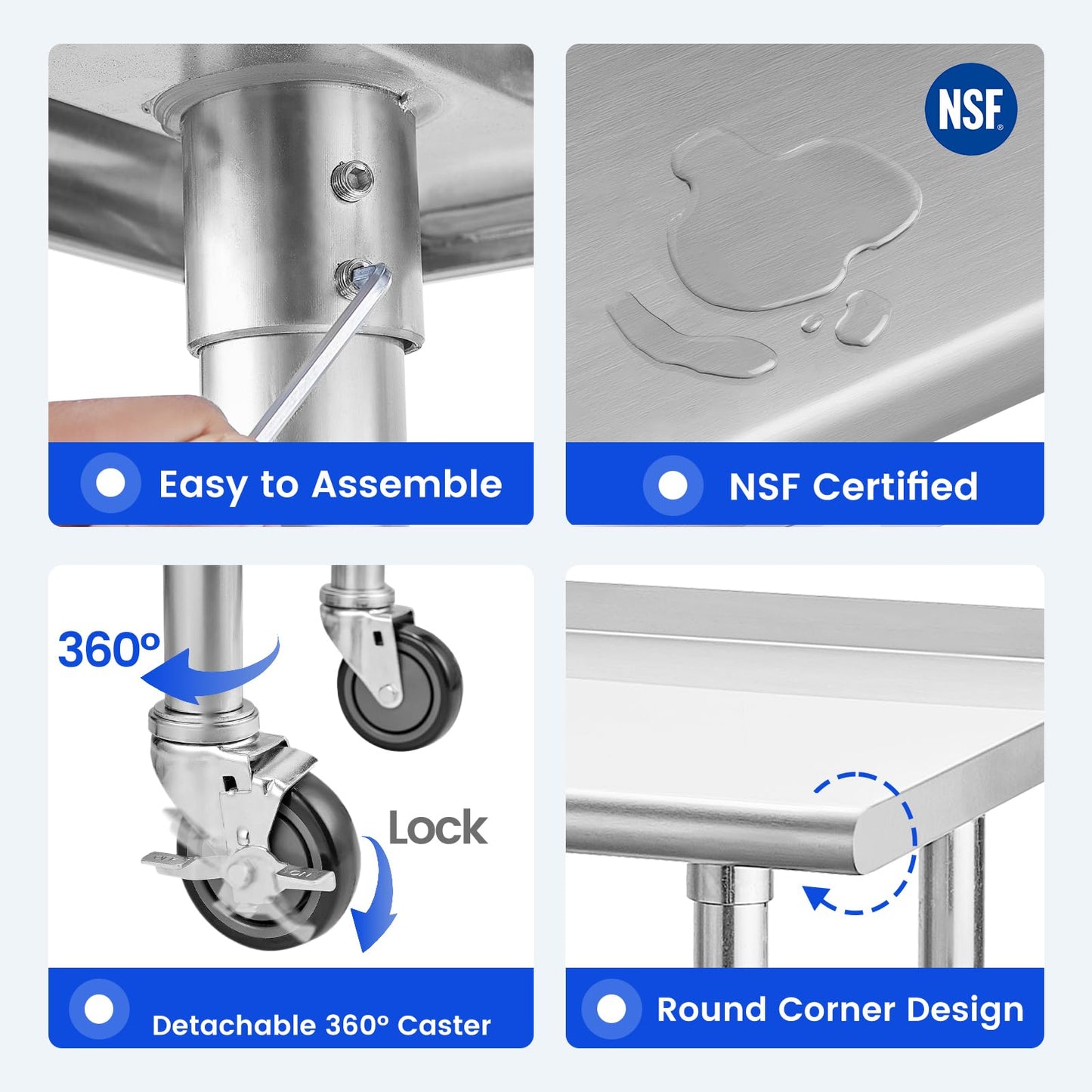 Hally Stainless Steel Table for Prep & Work 24 x 30 Inches with Caster Wheels, NSF Commercial Heavy Duty Table with Undershelf and Backsplash for Restaurant, Home and Hotel
