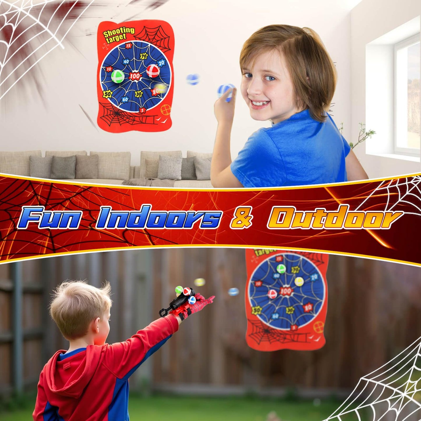 YOTOY Sports and Outdoors Games for Kids Age 8-12: Spider Dart Board with Web Shooters, 10 Velcro Sticky Balls, Toys for 3 4 5 6 7 8 9 10 11 12 Year Old Boys Girls - Birthday Gift Ideas
