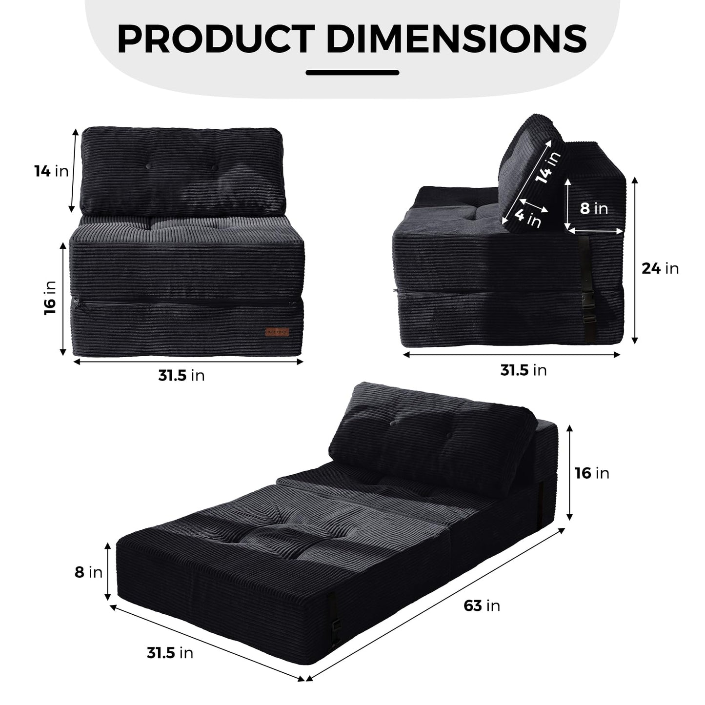 MAXYOYO Folding Sofa Bed, Convertible Sofa Bed with High-Density Support Foam, Portable 4 in 1 Fold Out Chair to Floor Lounger, Versatile Floor Couch for Living Room Bedroom, Black