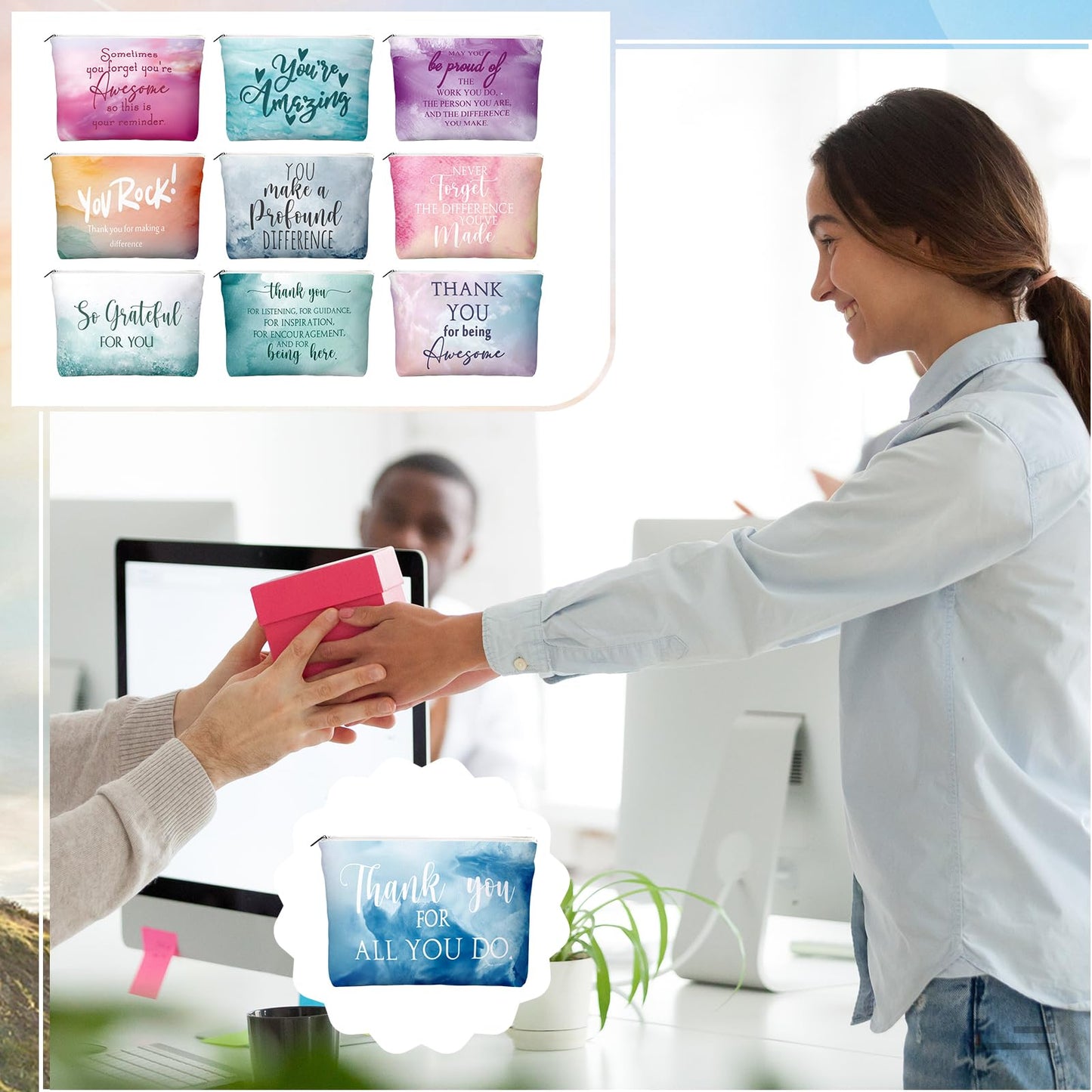 Vercraft 60 Pcs Employee Appreciation Gifts 30 Inspirational Canvas Makeup Bags 30 Compact Mirrors Bulk Cosmetic Bags Round Port